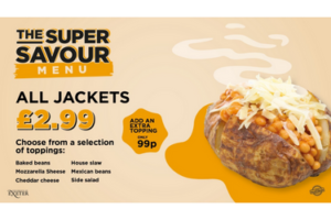 Image of The Super Savour Menu for jacket potatoes, priced as £2.99 with a topping.