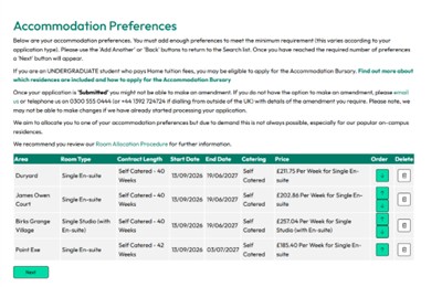 Screenshot of accommodation preferences section of accommodation application form