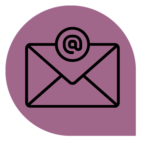 Purple petal shape with an envelope and @ symbol in it depicting email