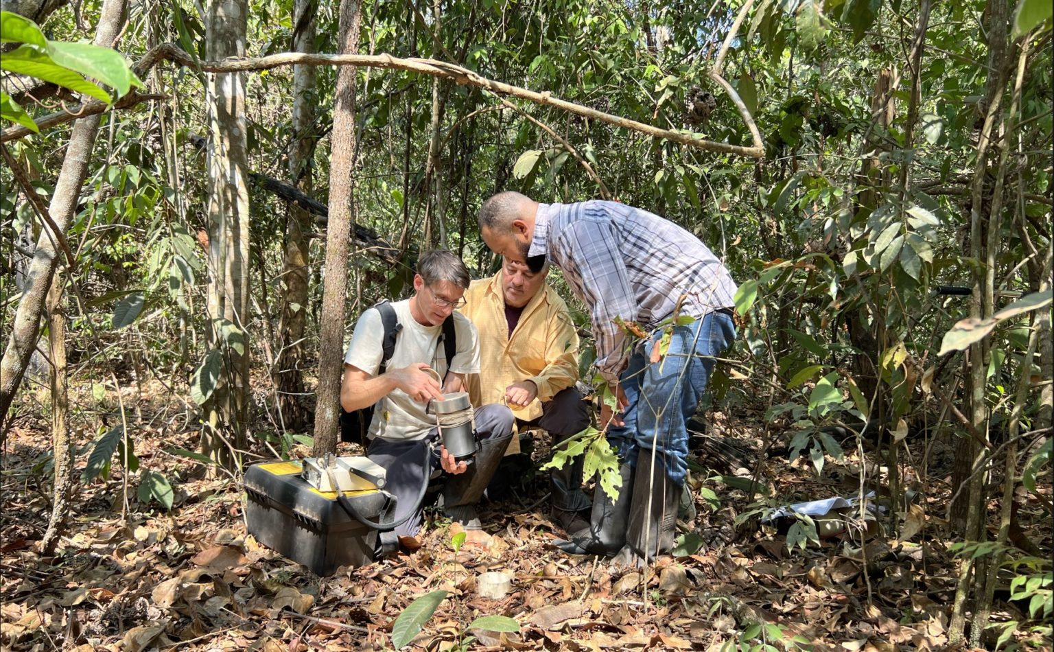Scientist measuring soil respiration at a field site in Mato Grosso, Brazilian Amazon