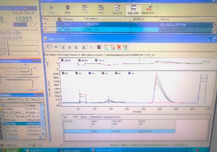 Carbon and nitrogen concentration data displayed on the mass spectrometer output screen at the CENA laboratory