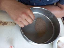 Sieved soil sample in a metal bowl during Amazon PyroCarbon laboratory processing
