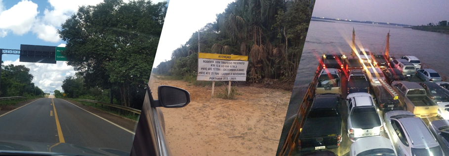 Road scenes from Amazon PyroCarbon fieldwork, including the ferry crossing on the Rio Negro in Manaus (right).