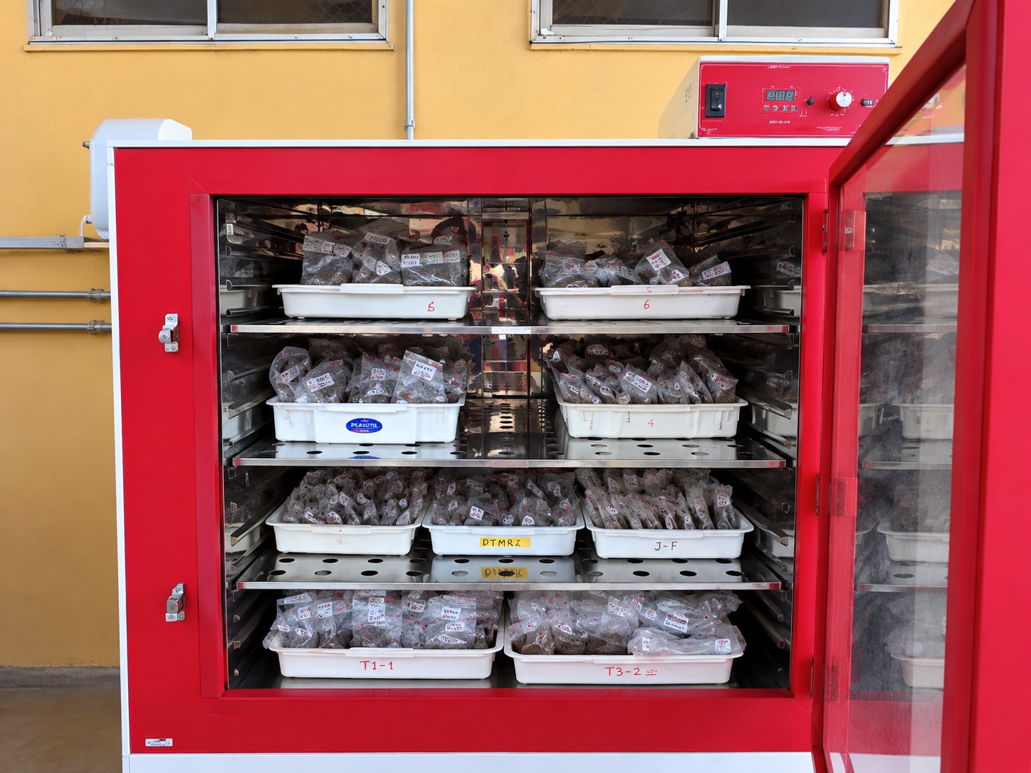 Soil samples from Amazon PyroCarbon fieldwork drying in a forced-air oven at the CENA laboratory in Piracicaba