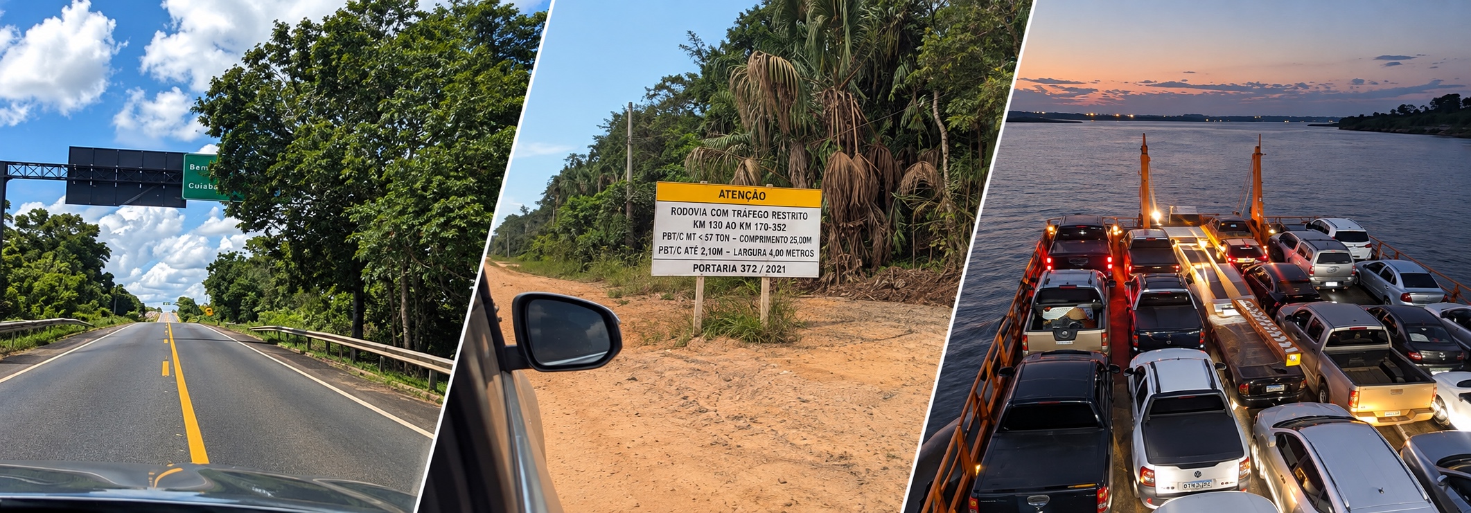 Road scenes from Amazon PyroCarbon fieldwork, including the ferry crossing on the Rio Negro in Manaus (right).