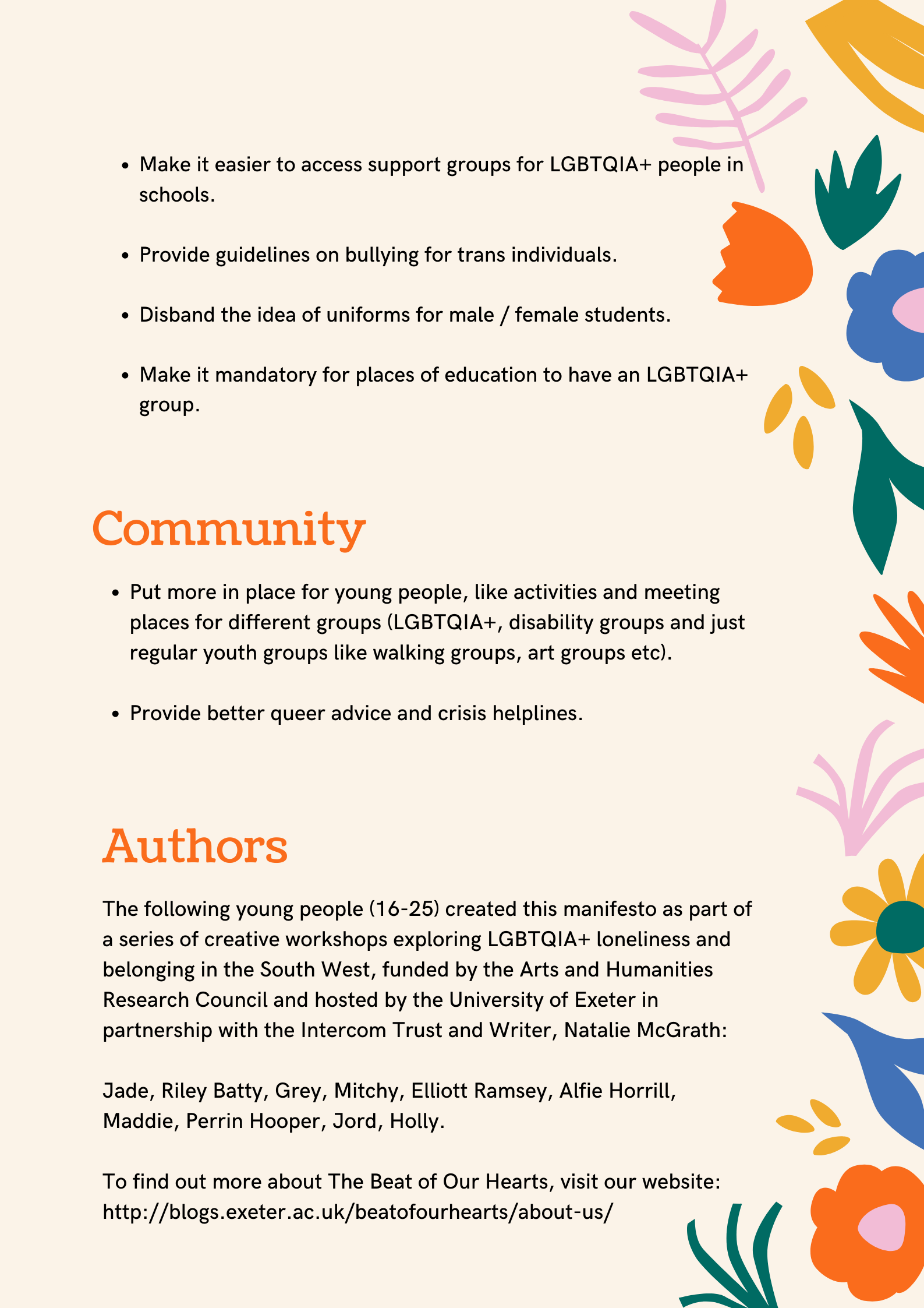 Picture of the manifesto, with a peach background and block colour flowers down the left-hand side. The Beat of Our Hearts logo is in the top left-hand corner. The manifesto is in two pages. The second page continues education but also has a theme of community. Information about the authors of the manifesto is also on this page.