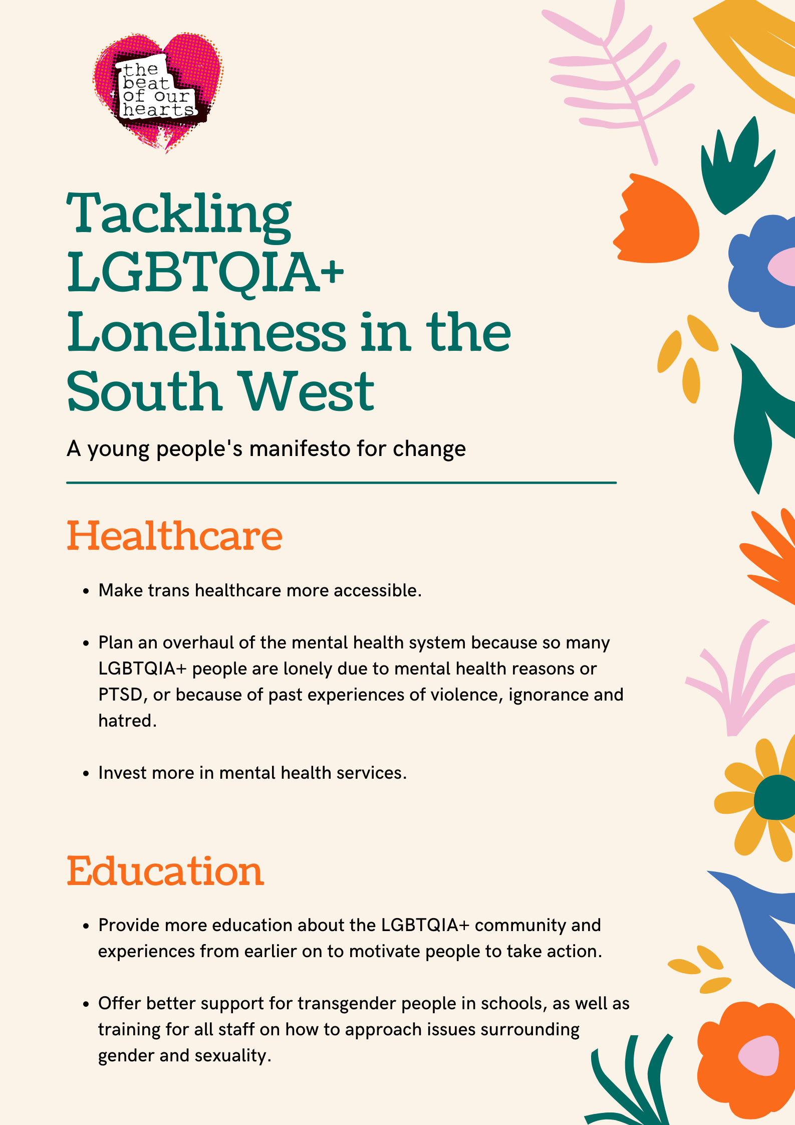Picture of the manifesto, with a peach background and block colour flowers down the left-hand side. The Beat of Our Hearts logo is in the top left-hand corner. The manifesto is in two pages. The first page deals with healthcare and education.