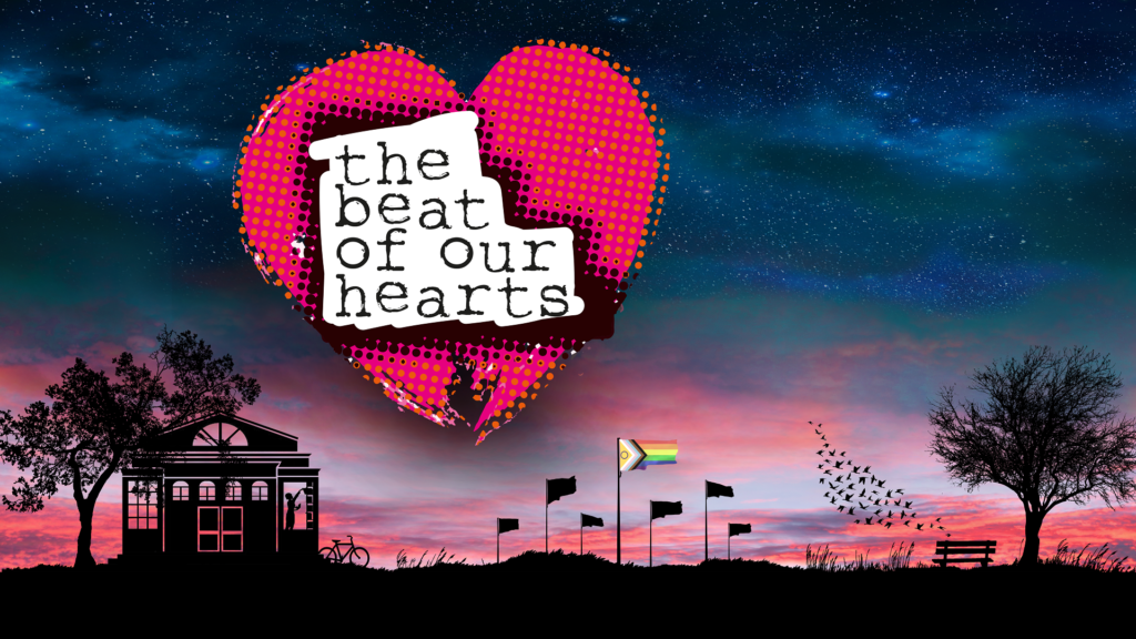 The Beat of Our Hearts production poster - a bright, moody sky with dark blue shades and stars at the top, with pink underneath. At the bottom is a silhouetted cityscape include a pride flag, library, and murmuration of starlings.