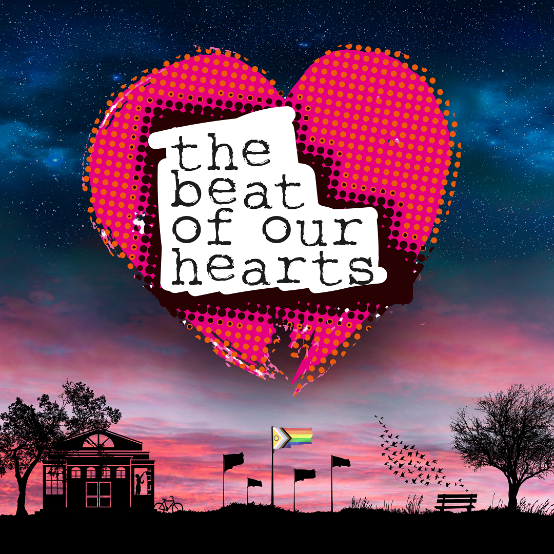 The Beat of Our Hearts production poster - a bright, moody sky with dark blue shades and stars at the top, with pink underneath. At the bottom is a silhouetted cityscape include a pride flag, library, and murmuration of starlings.