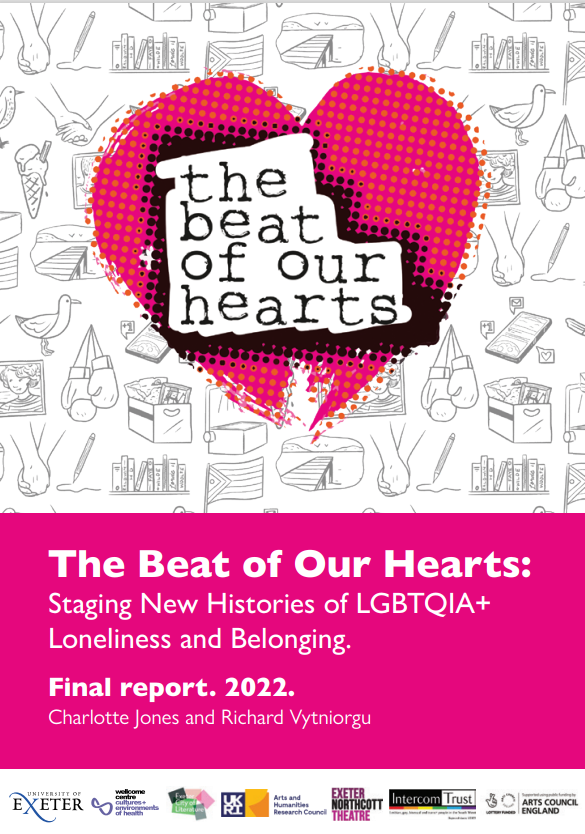 Cover of The Beat of Our Hearts report. The 'heart' project logo is in the centre, surrounded by small black and white drawings (e.g. a pride flag, boxing gloves, a smart phone, holding hands).
