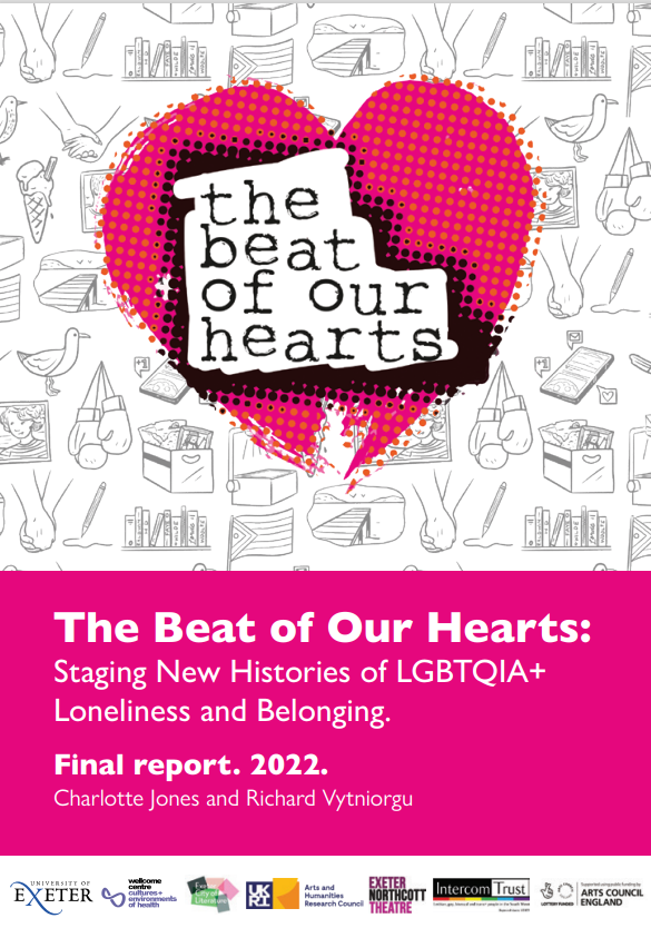 Cover of The Beat of Our Hearts report. The 'heart' project logo is in the centre, surrounded by small black and white drawings (e.g. a pride flag, boxing gloves, a smart phone, holding hands). 