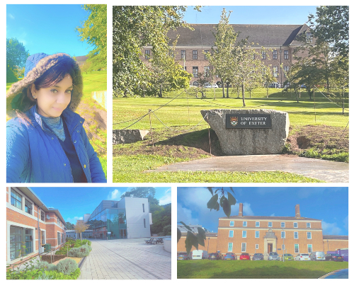 Collage of Sonali and various buildings on the Streatham Campus.