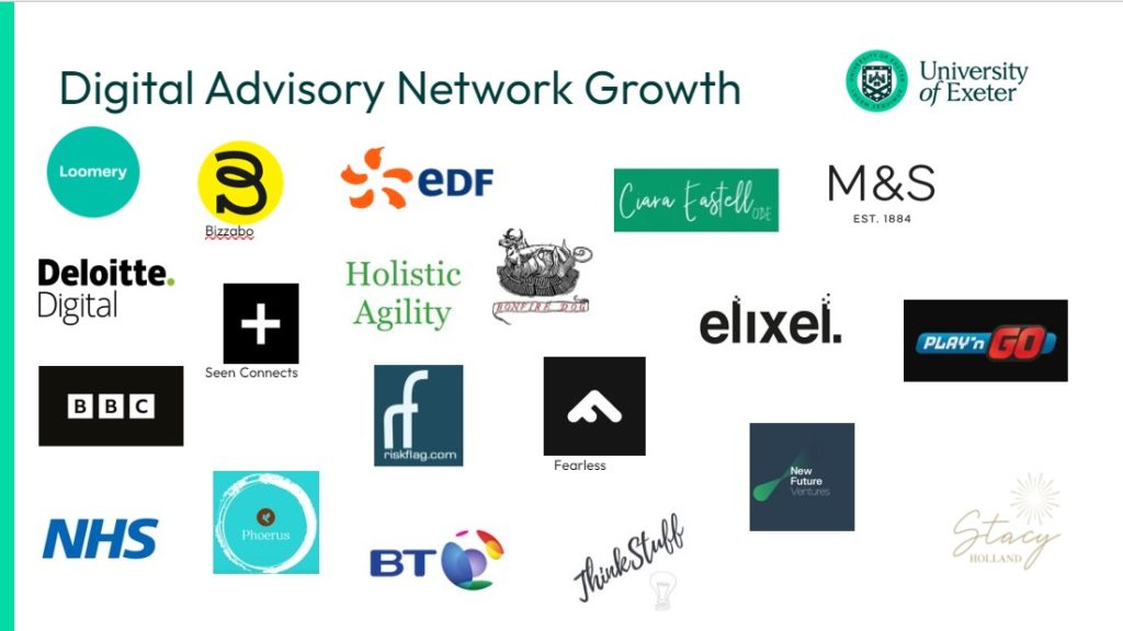 A collection of company logos including M&S, NHS and Deloitte to show the companies of members of the Digital Advisory Network