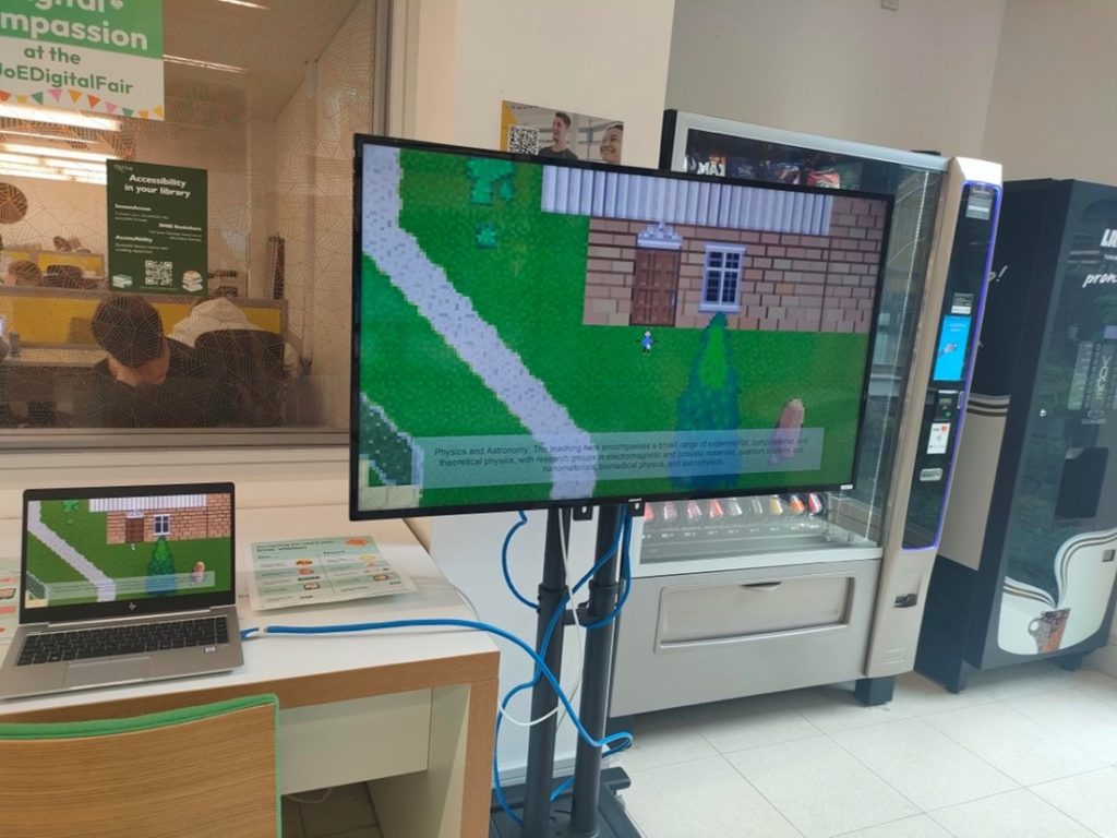TV screen showing 2D pixel game with building and road