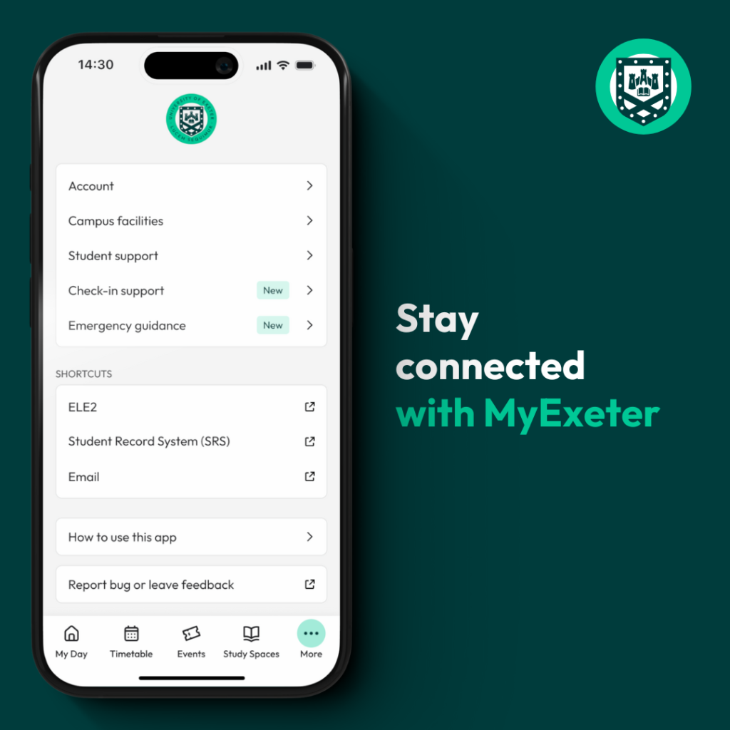 MyExeter app More menu.