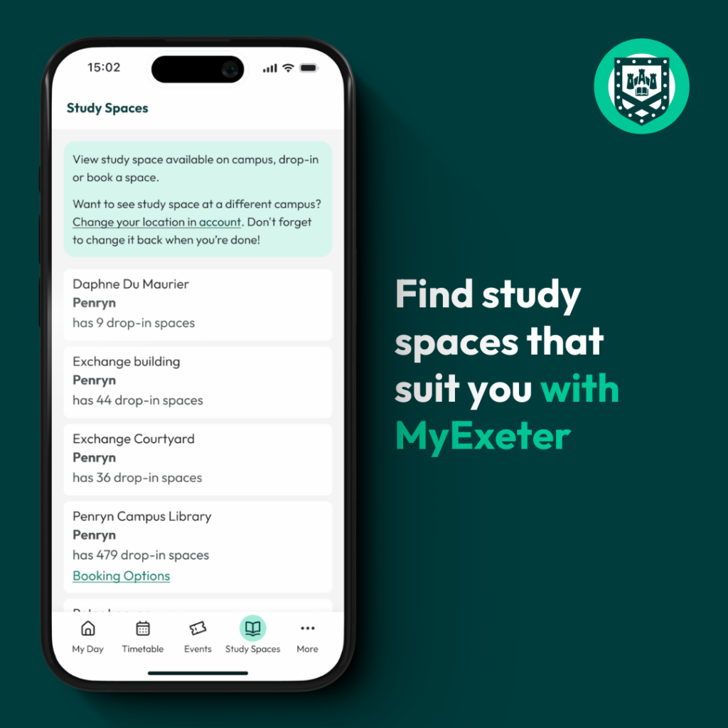 MyExeter app study spaces feature.