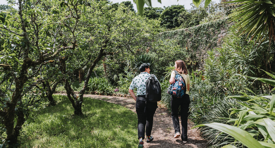 Penryn Campus Grounds and Gardens, students walking through the walled garden in summer