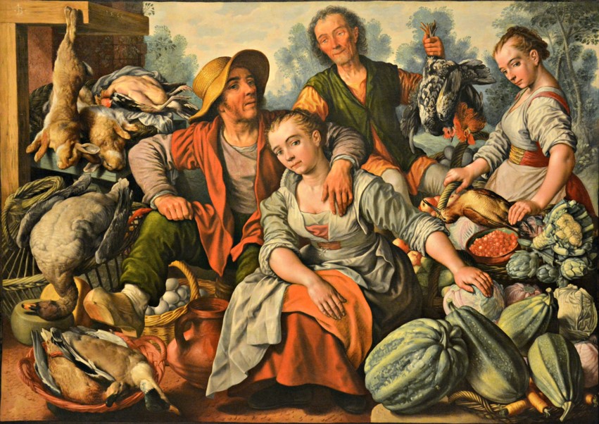A painting of a man and a woman at a country market. There are numerous vegetables being sold.
