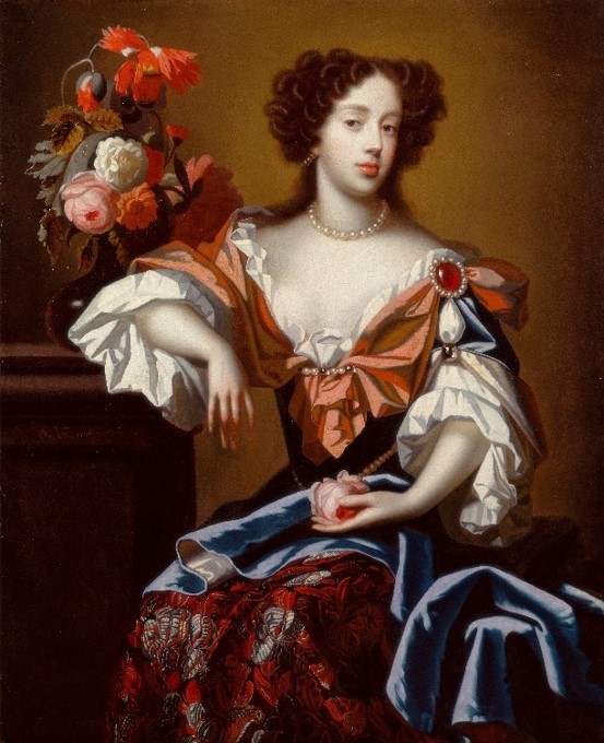 A portrait of Mary of Modena. She is wearing a russet and blue dress with white and blue sleeves