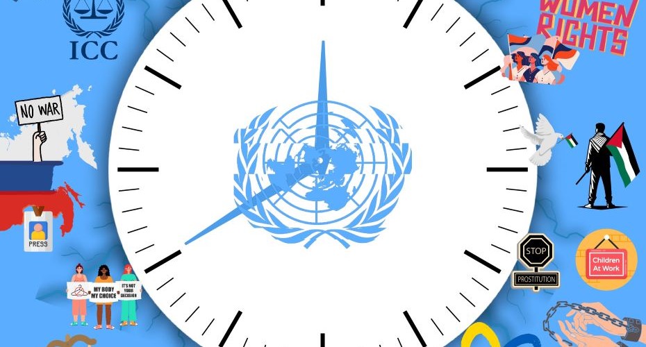 Blue poster featuring various graphics associated with the title 'Time is Ticking' including map, scales of justice, court and judges, people holding flags, heart, tank, handcuffed hands, a dove holding a flag, large clock face with the United Nations logo in the centre. Wording includes 'Women Rights', 'Slow targeted Westernised Costly', ICC. graphic of group of people with Black Lives Matter banner, Stop sign, and a sign saying Children at Work. Wording in a box at the bottom being held by hands ; Time is ticking. We are not doing enough. Time stands still: 1948 to Now. The promises of the Universal Declaration of Human Rights echo through the decades, but have we truly progressed? As the clock ticks from Article 1 to 12, it is a stark reminder that injustice persists. We must work together to change the future. #UDHRtimeforchange.
