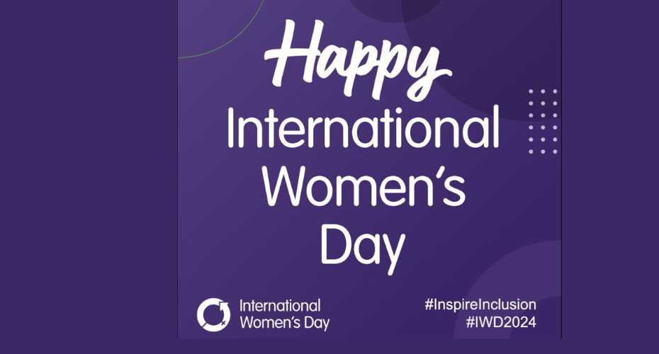 Purple background with white writing which reads Happy International Women's Day. International Women's Day and #Inspire Inclusion, #IWD2024