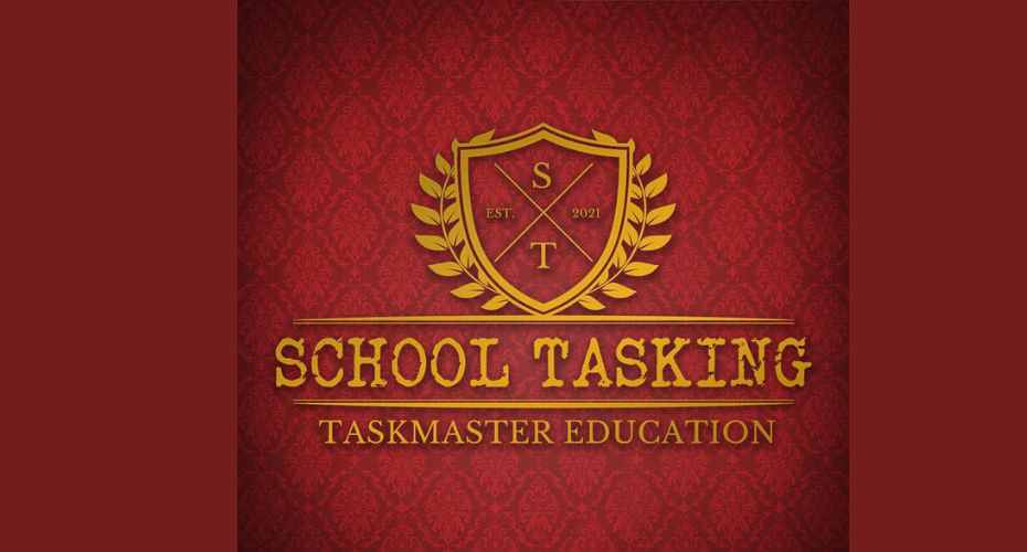 A red and gold logo of the School Tasking, Taskmaster Education logo. There is a shield containing the letters S and T and the words Est. 2021. The shield has leaves around each side.