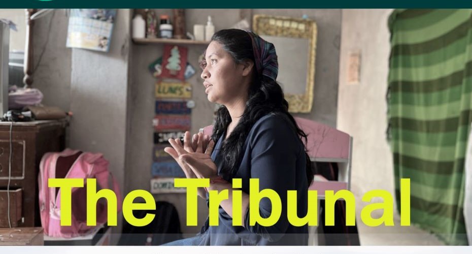 A woman in profile, with her hands raised in front of her. The words on the photo say the film's name The Tribunal