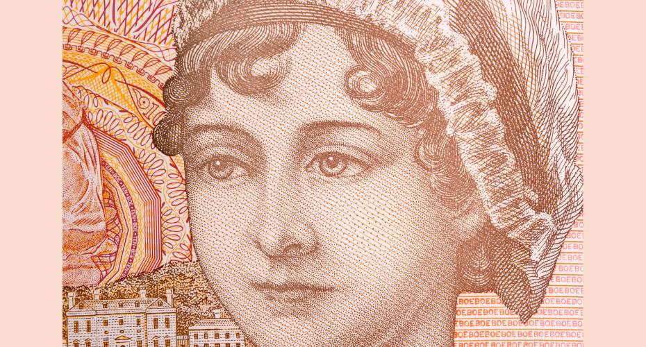 a pencil drawing image of the writer Jane Austen from the image of a bank note. It is a picture of her face and you can partly see she is wearing a type of headwear.