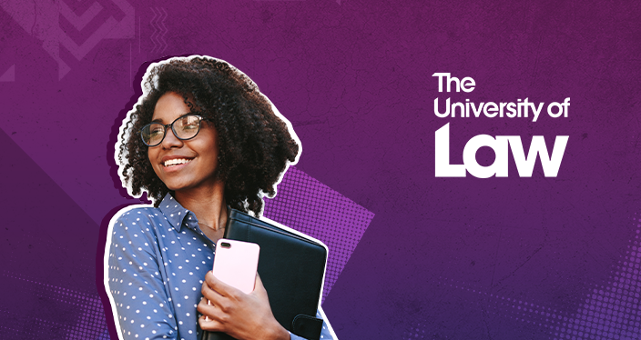 a person with glasses looking sideways clutches a phone and a laptop. The wording says The University of Law