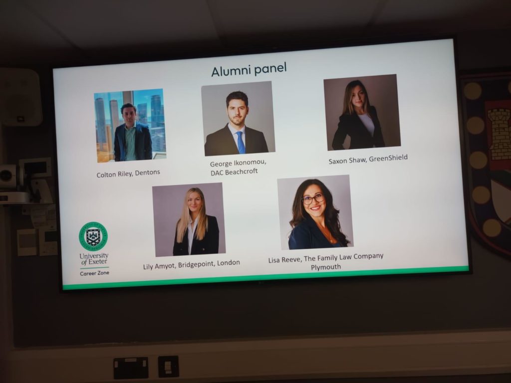 a slide with alumni panel contributors: Colton Riley, George Ikonomou, Saxon Shaw, Lily Amyot and Lisa Reeve