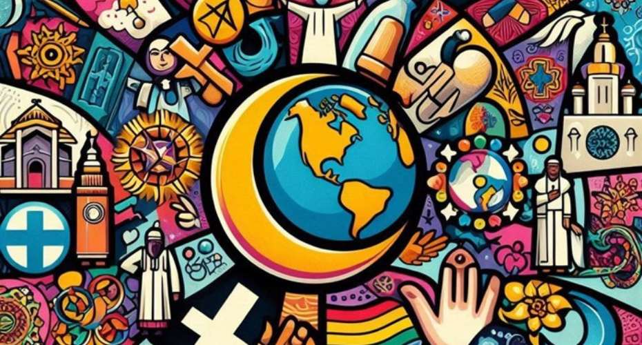 a multi coloured design featuring various symbols and representations of religion and faiths