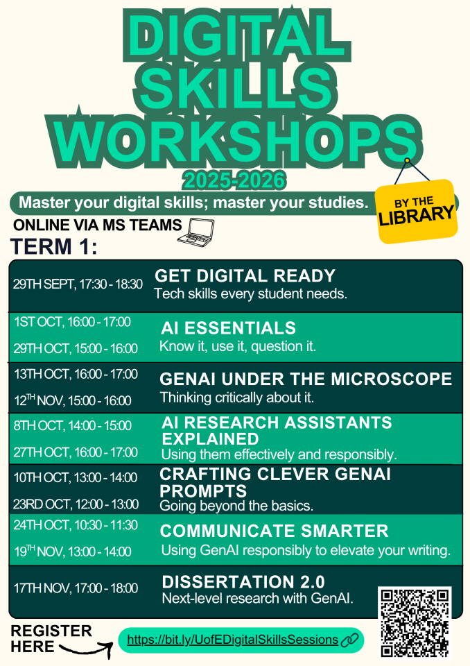 A poster advertising digital skills workshops for term one, listing seven workshops including Get Digital Ready on 29th September at 17:30 to 18:30, AI Essentials on 1st October at 16:00 to 17:00 and 29th October at 15:00 to 16:00, GenAI Under the Microscope on 13th October at 16:00 to 17:00 and 12th November at 15:00 to 16:00, AI Research Assistants Explained on 8th October at 14:00 to 15:00 and 27th October at 16:00 to 17:00, Crafting Clever GenAI Prompts on 10th October at 13:00 to 14:00 and 23rd October at 12:00 to 13:00, Communicate Smarter on 24th October at 10:30 to 11:30 and 19th November at 13:00 to 14:00, and Dissertation 2.0 on 17th November at 17:00 to 18:00.