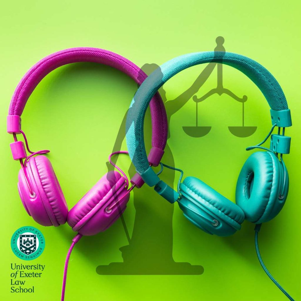 two pairs of headphones, one pink, one green set against a green background. There is an outline image of Lady Justice holding a set of scales.