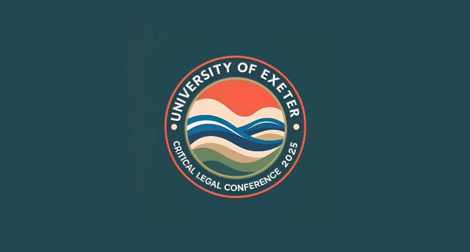 Dark green background to the logo of the Critical Legal Conference 2025. The image inside the words uses orange, cream, blue, brown and green to represent the land, sea and sky.