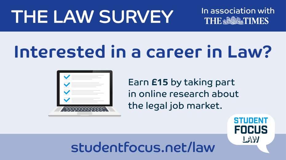 A promotional poster encouraging students to take part in a Law Survey in blue and white. It contains the details as written in the text above and features a graphic of a laptop.