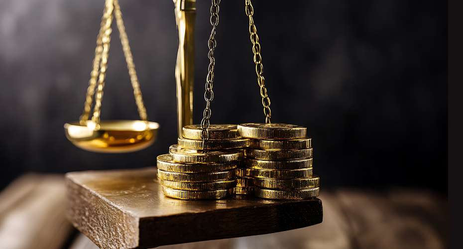 A set of shiny gold scales with gold coins on the nearest scale tray