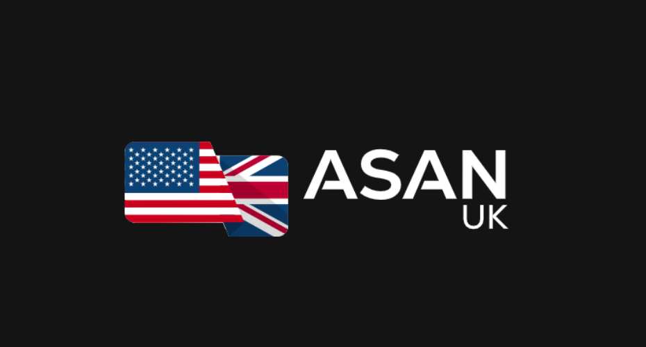 an image connecting the UK and USA flags with the acronym ASAN, UK in white letters against a black background