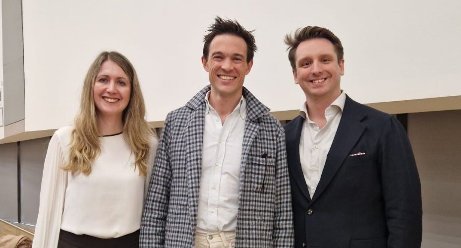 Head and shoulders photo of three alumni standing together Ellie, Ben and Duncan ahead of their International arbitration talk