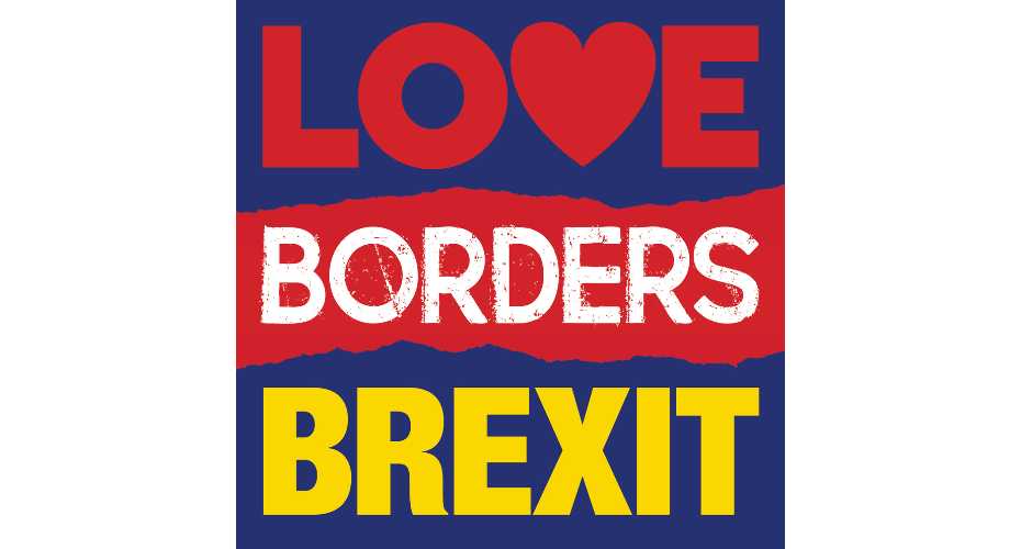 a LOGO FOR THE RESEARCGH PROJECT LOVE BORDERS BREXIT. THE WORD LOVE HAS A HEART ICON IN PLACE OF THE V.