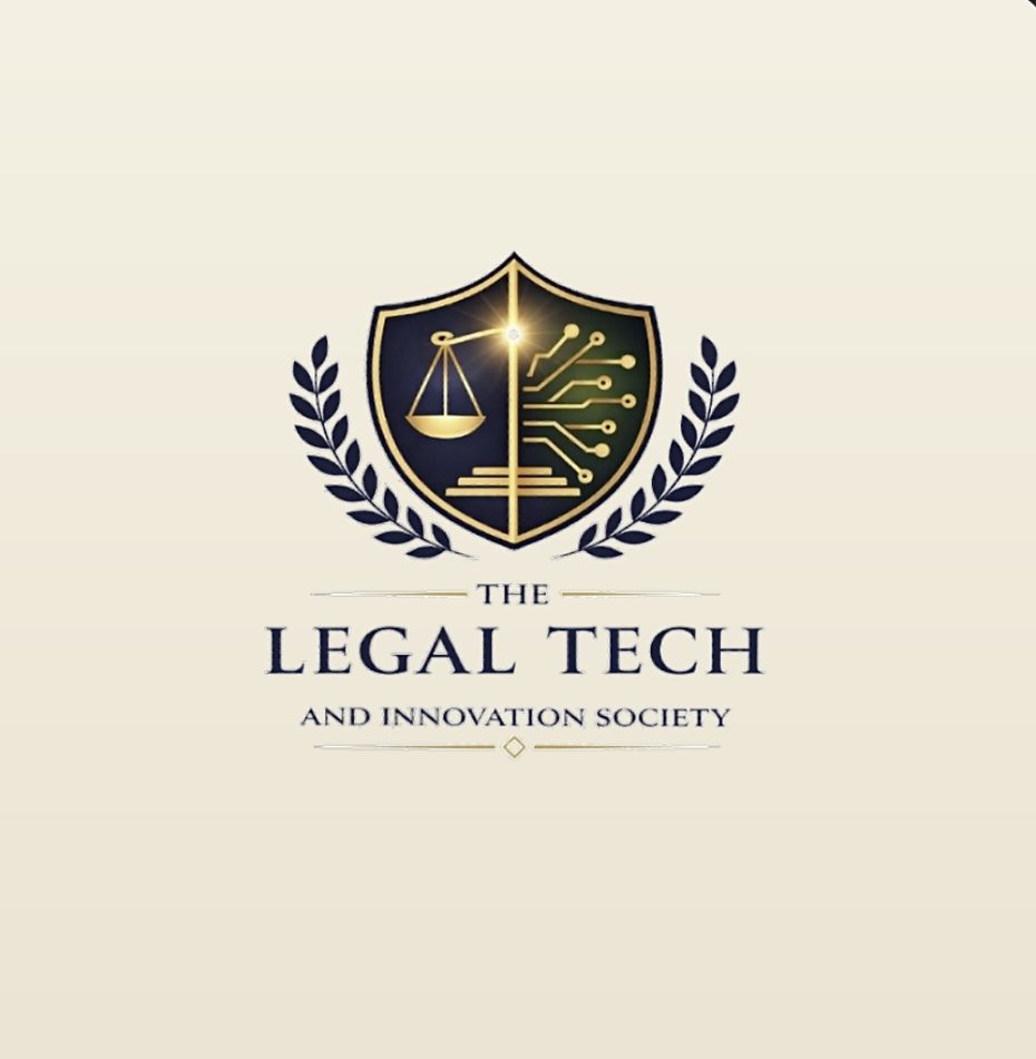 a logo for the Legal Tech and innovation society. It has a cream background a shield featuring a set of scales and circuit lines.