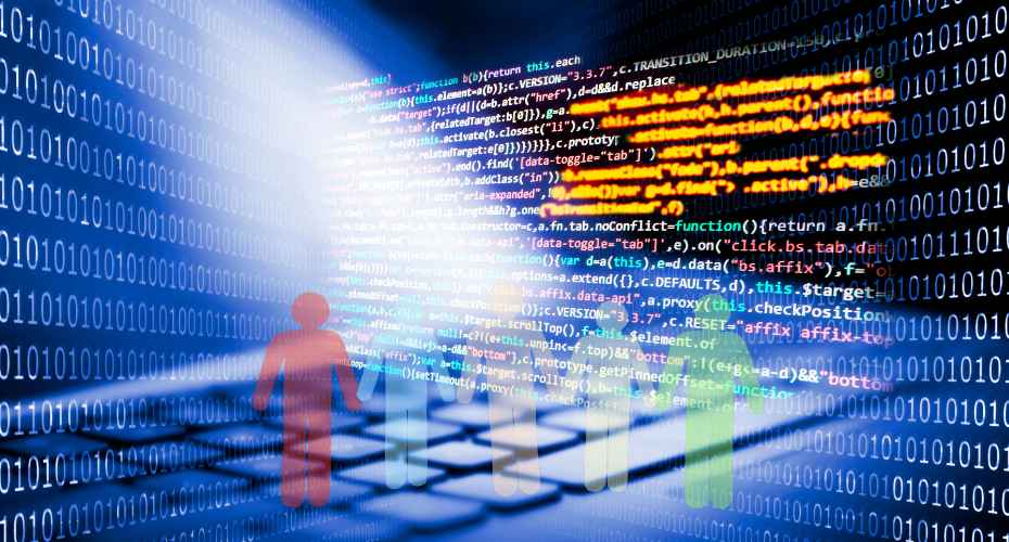 Abstract digital image showing lines of computer code and binary numbers projected across a keyboard. Coloured human silhouettes stand in front of the code, suggesting people being affected by automated or algorithmic decision‑making systems.