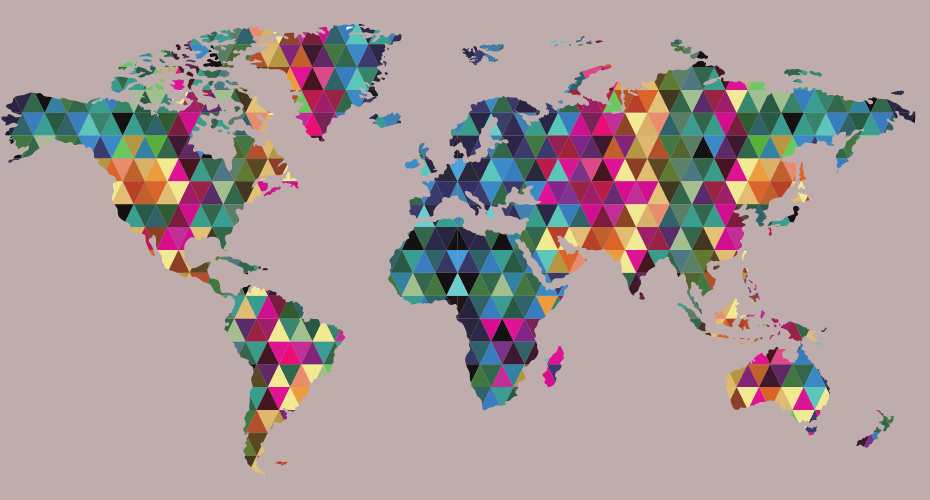 A map of the world made of different coloured triangles