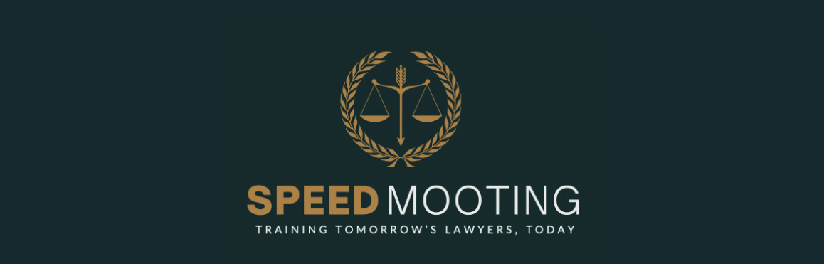 logo for a speed mooting competition. with the scales of justice on the image