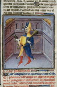 Miniature of a fool, Bible Historiale, Paris and Clairefontaine, 1411, Royal MS 19 D III f.266r