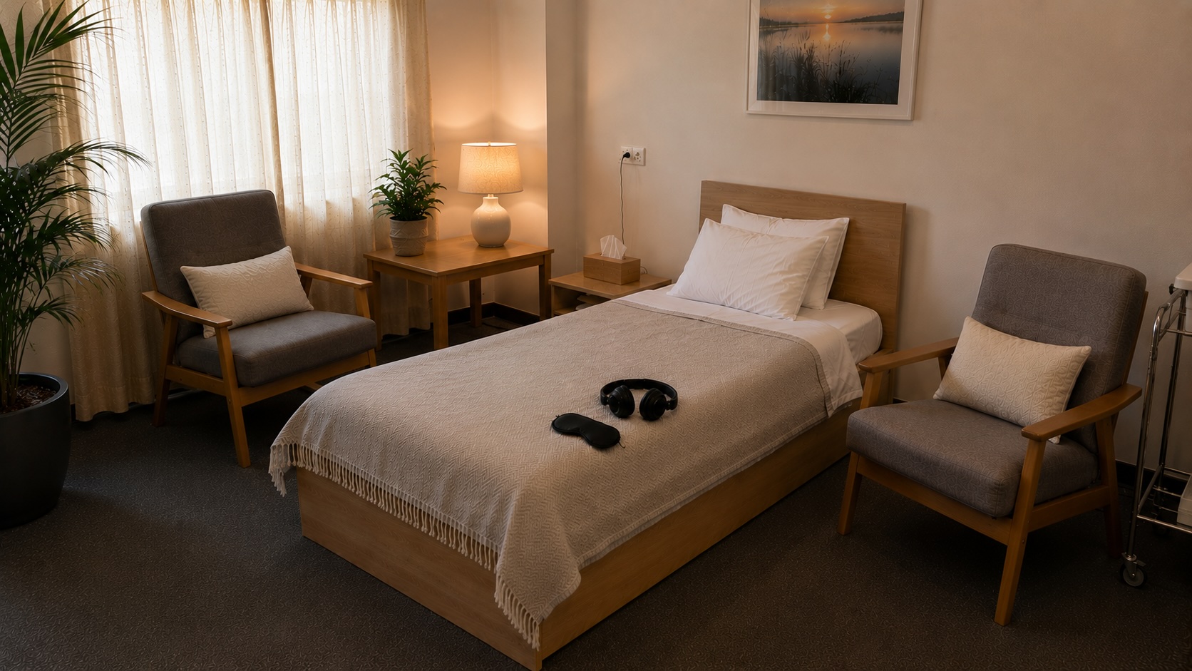 A psychedelic-assisted therapy treatment room with a bed, headphones, eye mask, and therapist chairs