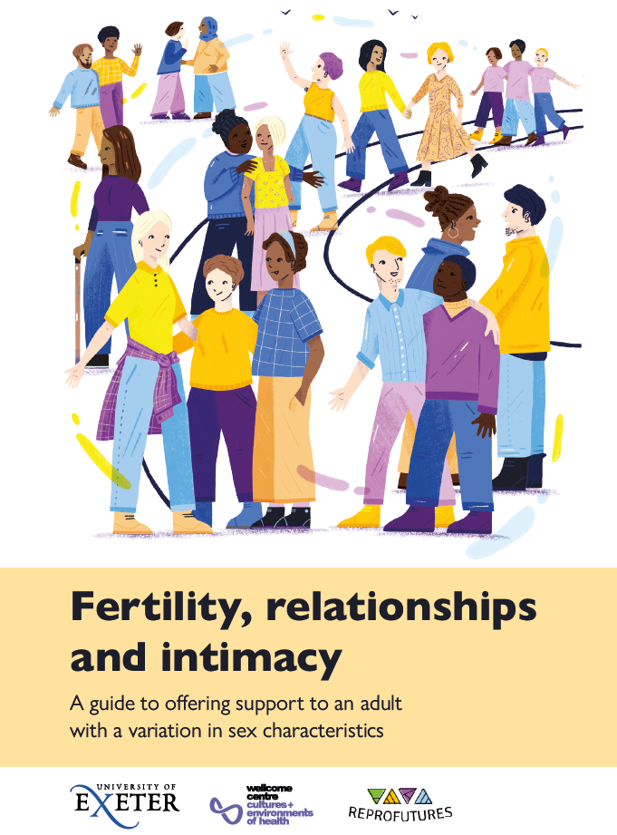 Front cover of the Fertility, relationships and intimacy support guide. An image of lots of different people in an open space. Some are speaking to each other, helping each other, embracing.