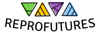 Reprofutures logo. Four stripy triangles, two pointing upwards and two pointing downwards. In green, yellow, purple and blue.
