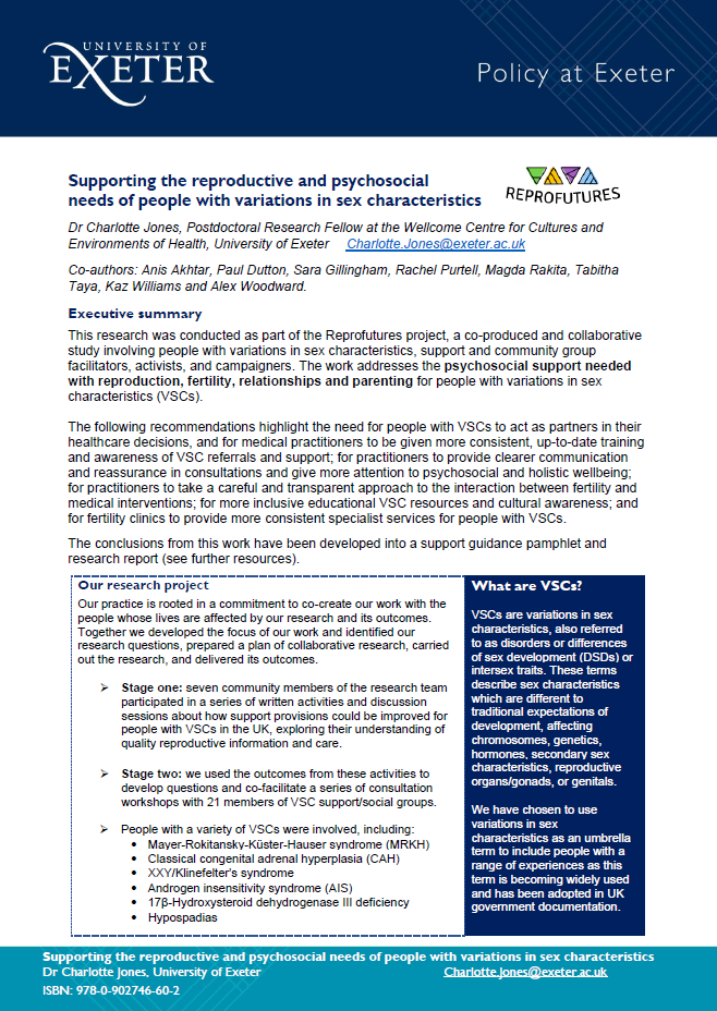 Front page of the healthcare recommendations. Dark blue header with the University of Exeter logo, reading 'Policy at Exeter'.