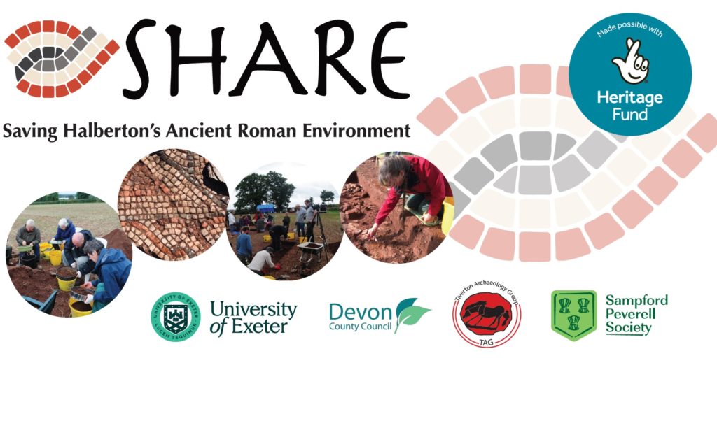 Banner for SHARE project, with photos showing people excavating and a mosaic. Round badge says 'Made possible with Heritage Fund' and there are the logos of University of Exeter, Devon County Council, Tiverton Archaeology Group and Sampford Peverell Society.