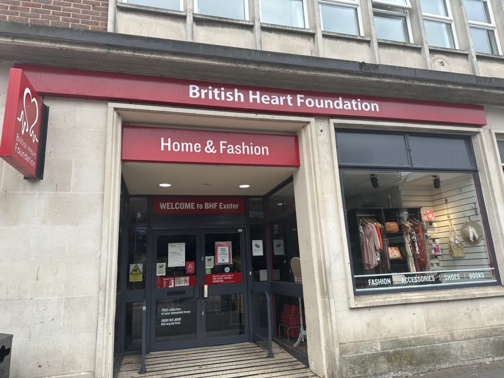 Entrance to the charity shop British Heart Foundation